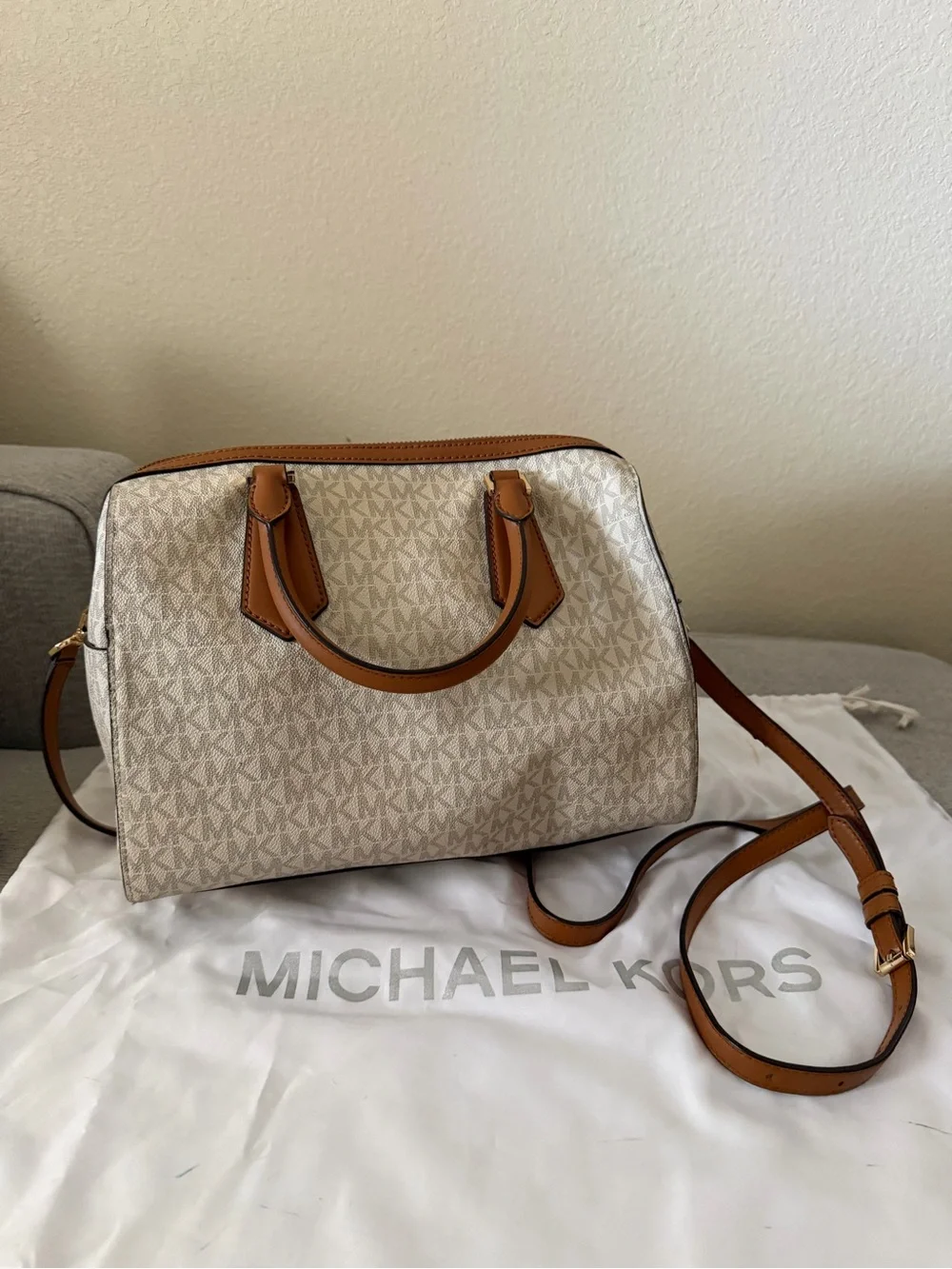 Michael Kors Beige Logo Satchel with Brown Trim and Gold Hardware